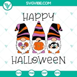 Festive Halloween design with gnomes, witches, and the text "Happy Halloween" in SVG format.