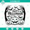 Happy Halloween SVG with pumpkins, ghost, and spooky elements for Halloween season celebration.