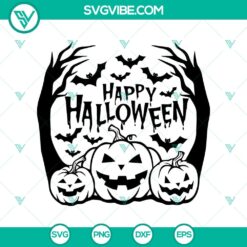 Happy Halloween SVG with pumpkins, ghost, and spooky elements for Halloween season celebration.