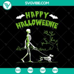 Happy Halloweenie Skeleton Walk The Dog SVG design for Halloween with a playful skeleton and dog, perfect for October 31 crafting projects.