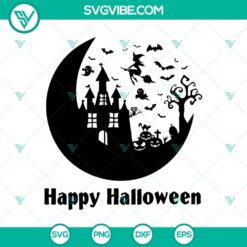 Spooky Halloween-themed SVG design featuring Halloweentown scene with a crescent moon. Great for festive crafting projects.