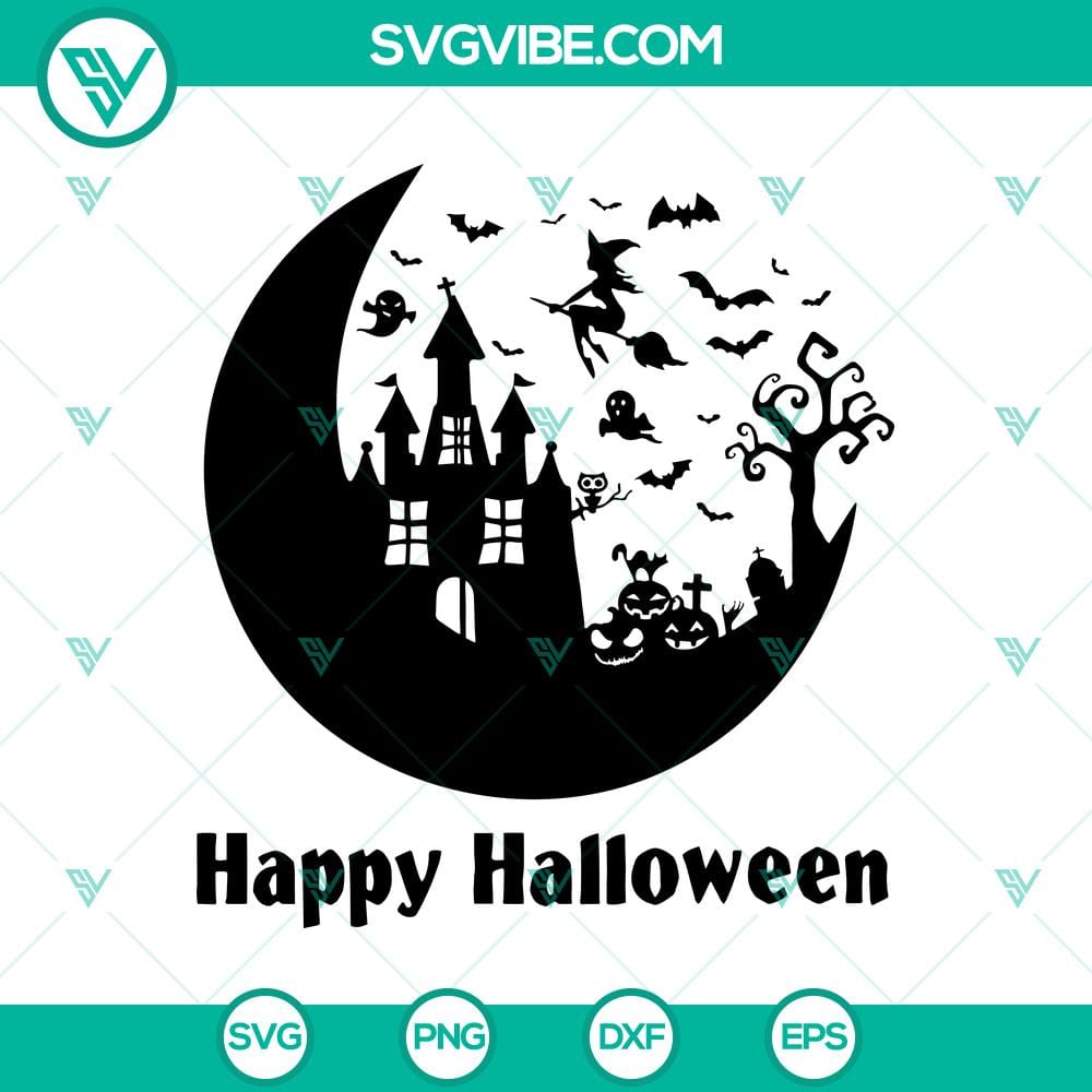 hapy-halloween-svg-halloweentown-svg-moon-svg.jpg Spooky Halloween-themed SVG design featuring Halloweentown scene with a crescent moon. Great for festive crafting projects.