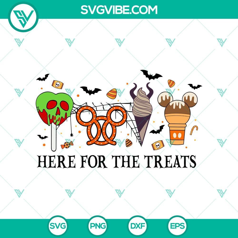 Here For The Treats Disney Halloween SVG DXF EPS PNG Files Disney Halloween SVG design with treat bags, pumpkins, and bats, ideal for Halloween crafts with Cricut & Silhouette.