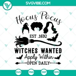 Hocus Pocus Co Est .1692 Witches Wanted SVG, Halloween design with spooky details for Oct 31 celebration.