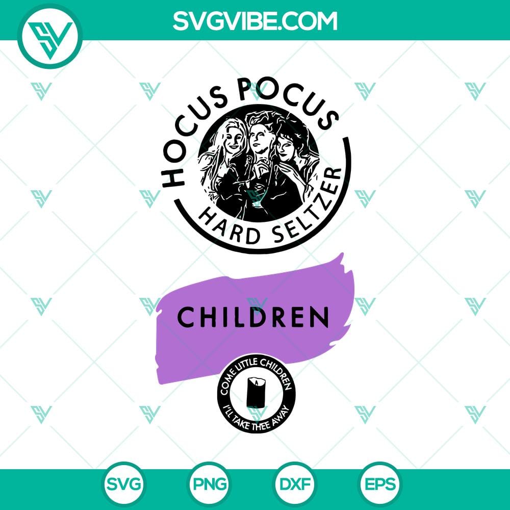 Hocus Pocus Hard Seltzer Children SVG, Hocus Pocus SVG, Halloween SVG Hocus Pocus Hard Seltzer Children SVG design with Halloween theme, ideal for crafting projects, includes a witch, cat, and cauldron.