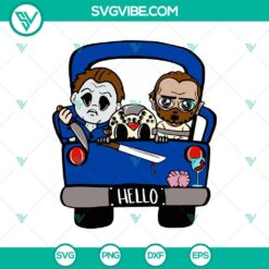 Creepy horror characters in truck SVG featuring Jason, Michael, and Hannibal Lecter. Perfect for Halloween designs.