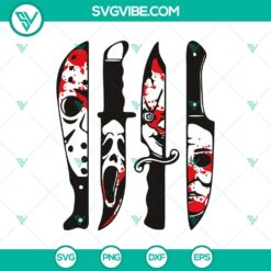 Horror movie characters in bloody knives SVG for Halloween, featuring iconic horror characters, ideal for spooky designs.