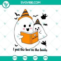 Spooky Halloween SVG design featuring "I Put The Boo In The Books" phrase in a fun and festive style for digital crafting projects.