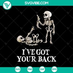 Skeleton holding bone with text "I've Got Your Back SVG" for Halloween. Funny and quirky Halloween design.