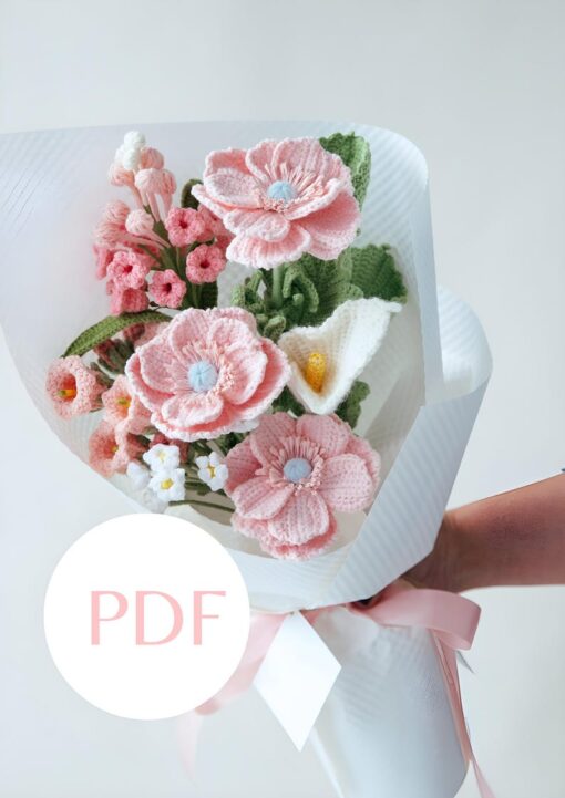 Pink Anemone "The Bride" Bouquet PDF pattern for crafts and DIY wedding projects.