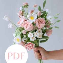 Pink Gardenia and Rose Bouquet PDF pattern for floral embroidery, ideal for crafting projects, featuring detailed design.