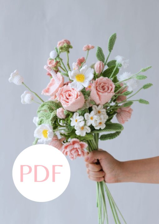Pink Gardenia and Rose Bouquet PDF pattern for floral embroidery, ideal for crafting projects, featuring detailed design.
