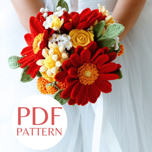 Red Gerbera Wedding Bouquet PDF pattern for DIY bridal bouquet crafters, featuring vibrant red flowers and greenery.