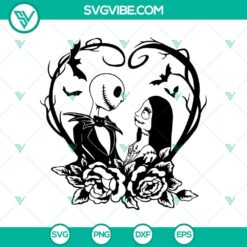 Jack and Sally in heart silhouette SVG for Halloween, Nightmare Before Christmas couple design, ideal for crafting projects.