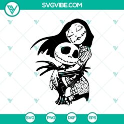 Jack hugging Sally in a Nightmare Before Christmas themed SVG design for Halloween, featuring spooky elements.