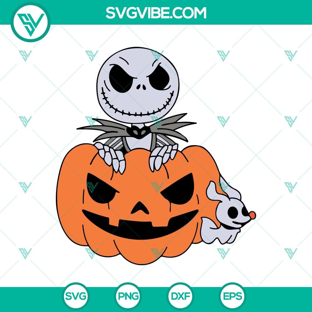jack-skellington-in-scary-pumpkin-svg-zero-ghost-svg-halloween-svg.jpg Jack Skellington and Zero Ghost Halloween SVG with scary pumpkin design for crafting projects.