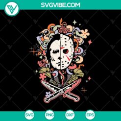 Jason and Michael Myers half face SVG design with horror characters for Halloween.