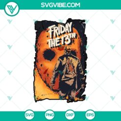 Jason Voorhees Friday The 13th SVG design, ideal for Halloween projects. Illustration with Jason's iconic mask, machete, and text.