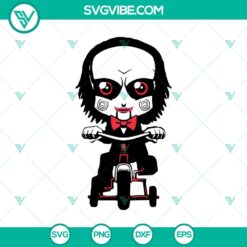 Creepy red blood splatter pattern with horror movie icons: jigsaw, bicycle, ideal for Halloween SVG designs.