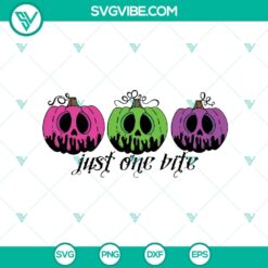 Halloween-themed SVG design with "Just One Bite", pumpkin, and poison elements. Ideal for crafting projects and decorations.