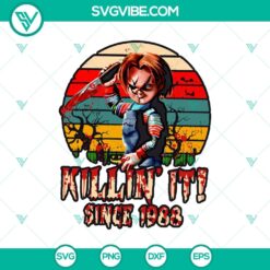 Killin' It Since 1988 SVG featuring Chucky from Child's Play and other horror characters, ideal for Halloween projects.