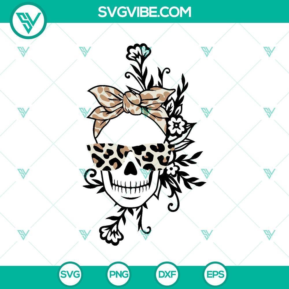 leopard-messy-bun-skull-svg-skull-svg-halloween-svg-death8217shead-svg.jpg Leopard messy bun skull SVG with Halloween and death's-head design for crafts and projects.