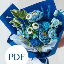 Blue Peony and Carnation Bouquet PDF pattern with floral embroidery designs for crafting and sewing projects.