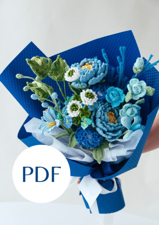 Blue Peony and Carnation Bouquet PDF pattern with floral embroidery designs for crafting and sewing projects.