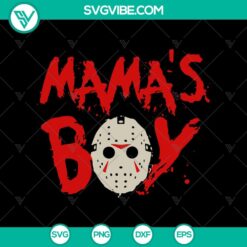 Jason Voorhees mask with "Mama's Boy" text, horror Halloween-themed SVG design. Perfect for spooky projects.