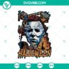 Michael Myers Killer Halloween SVG design with spooky silhouette and text, perfect for Halloween themed projects.