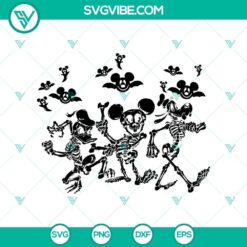 Disney Halloween SVG featuring Mickey, Donald Duck, and Goofy skeletons in a spooky design. Great for festive crafting projects.