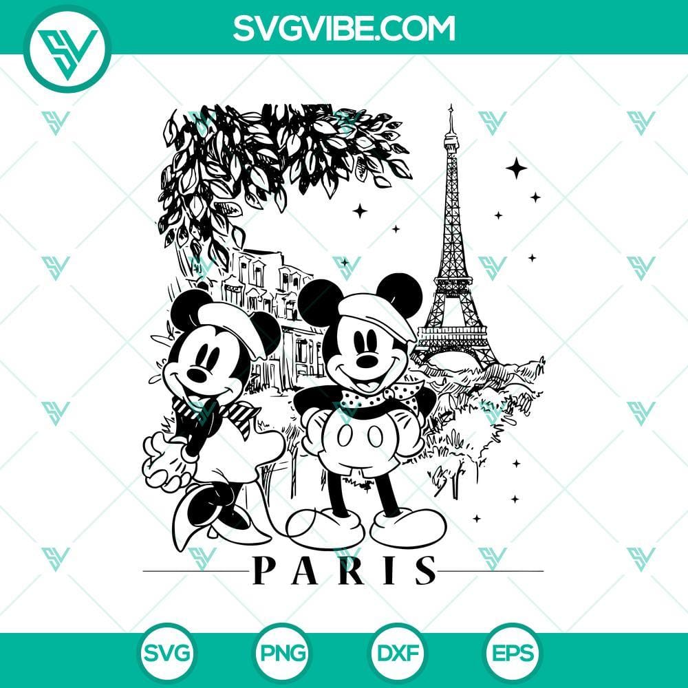 Mickey And Minnie Couple In Paris SVG DXF EPS PNG Cut Files Mickey Minnie in Paris, Halloween SVG cut files for Cricut and Silhouette, romantic couple design for crafting.