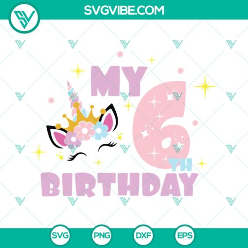 6th birthday unicorn girl SVG design with rainbow horn shirt for Cricut crafting.