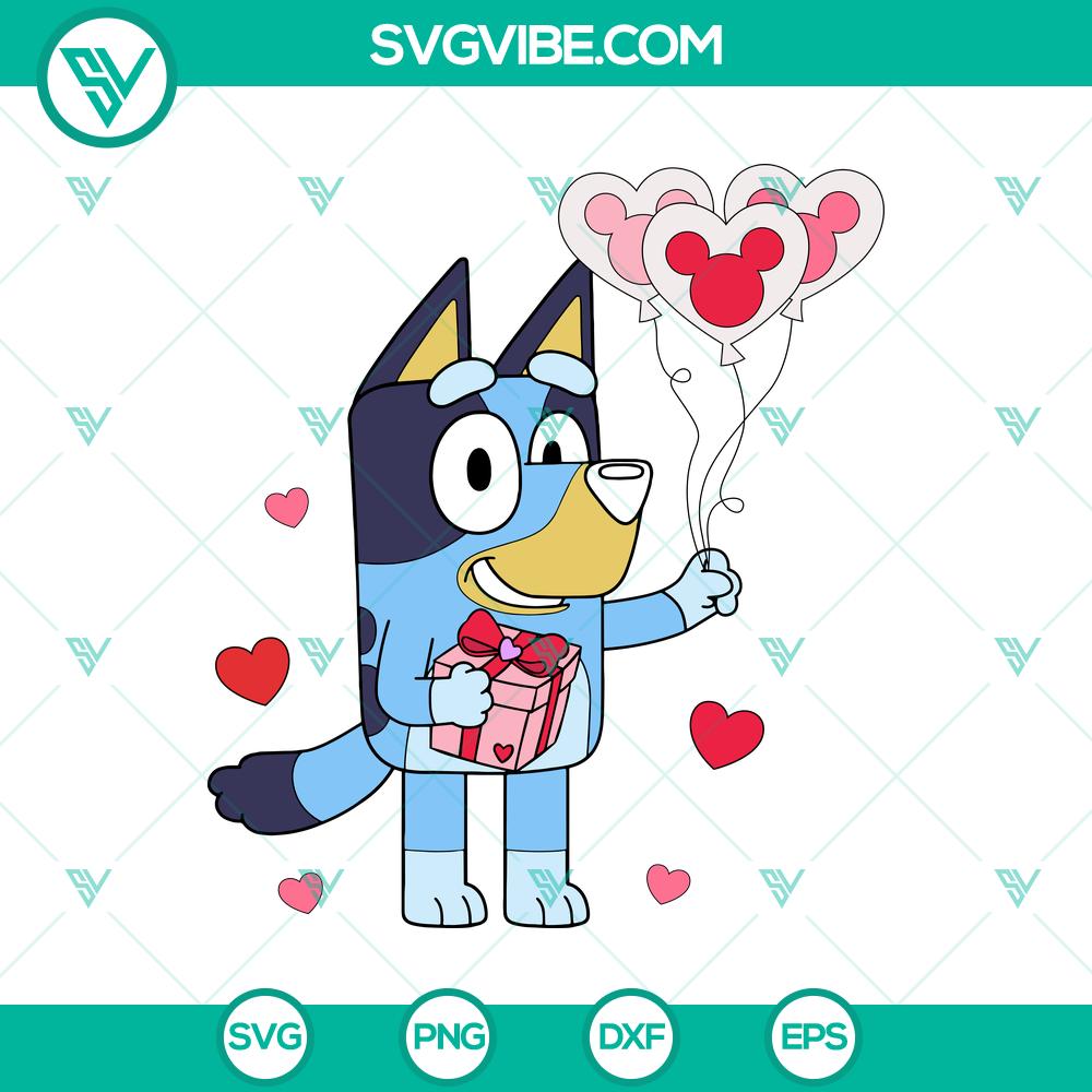 mockup-169722046.jpg Bluey dog holding heart balloons, Valentine's Day themed design in SVG, DXF, EPS, PNG formats for digital usage.
