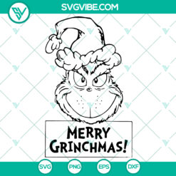 White Merry Grinchmas Christmas SVG featuring Grinch face wearing Santa hat, perfect Christmas gift idea, instant download.