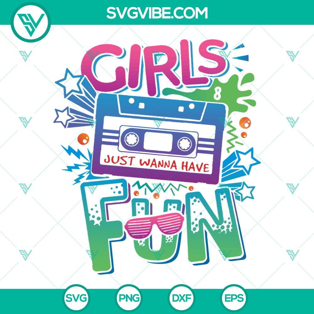 mockup-279866182.jpg 80s themed SVG featuring a vibrant cassette tape design with "Girls Just Wanna Have Fun" text - perfect for music lovers.