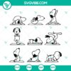 Snoopy Yoga SVG with cartoon dog doing yoga poses, inspired by Peanuts movie. Funny and cute cut file clipart.