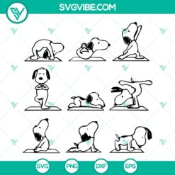 Snoopy Yoga SVG with cartoon dog doing yoga poses, inspired by Peanuts movie. Funny and cute cut file clipart.