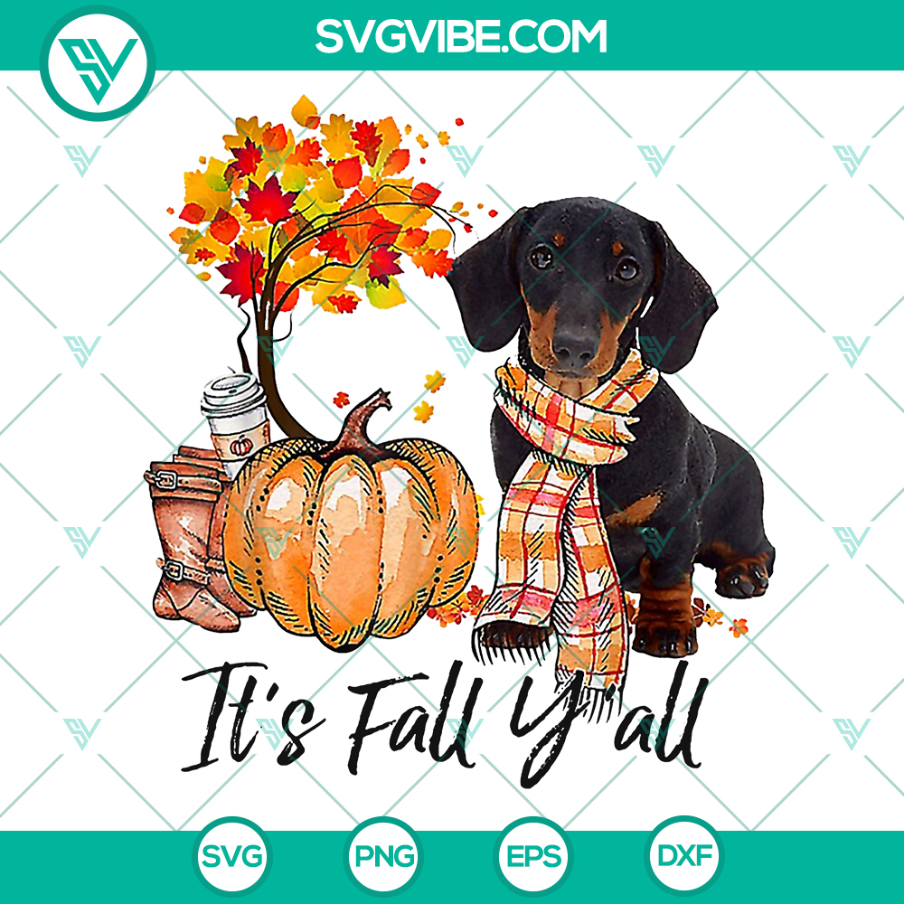 Its Fall Y’all PNG Dachshund Dog Pumpkin Thanksgiving Decor – Instant Download Fall-themed Dachshund dog with pumpkin, Thanksgiving decor PNG for instant download.