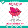 November birthday girl lips and tongue SVG, great gift for those born in November. Bold red and gold design.