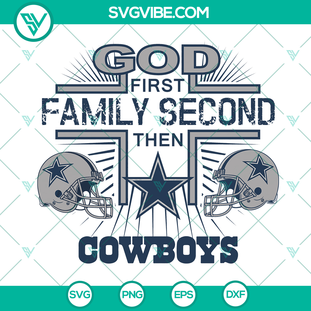 mockup-454682159.jpg Dallas Cowboys NFL SVG logo bundle with "God First Family Second" theme, featuring sports design elements. Ideal for fans and crafters.