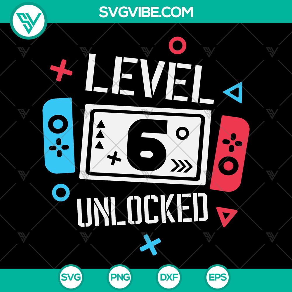 mockup-476820647.jpg 6th birthday boy gamer SVG design with "Level 6 Unlocked" text for funny kids shirt, instant download option.