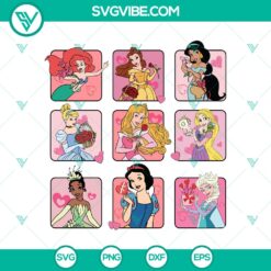 Disney Princess Valentine’s Day SVG files for cutting machines. EPS, PNG, DXF formats included for crafting projects.