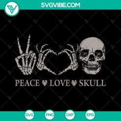 Peace Love Skull Halloween Svg, Skeleton Lover Cut Files for Cricut - Fun and quirky Halloween design with a skull and heart for crafting projects.