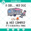 Young woman with a dog by camper van, Camping Girl Life Trending Design SVG for digital crafting.