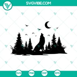 Howling wolf SVG vinyl decal with mountain, pine forest, and trees design for nature lovers.