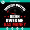 "Humorous Biden SVG design with text 'America SVG Whoever Voted Biden Owes Me Gas Money'. Perfect for patriotic supporters. Funny political design."