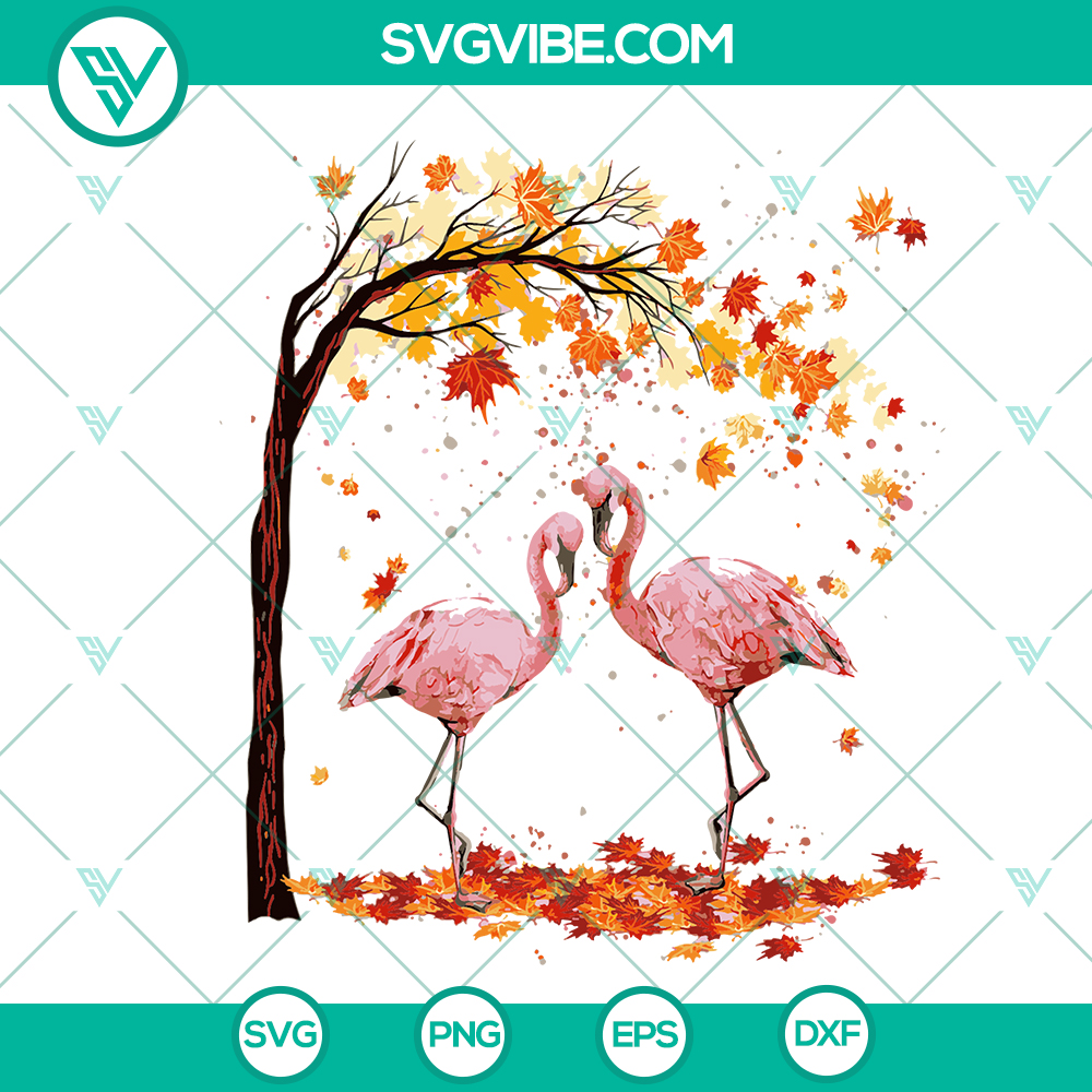 mockup-521166243.jpg Pink flamingo fall aesthetic PNG with autumn leaves, perfect for Thanksgiving decor.