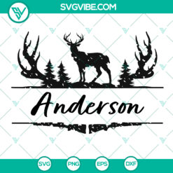 Distressed deer hunting frame SVG with rifle hunter, pine trees, and space for monogram initials - cut file for crafts.