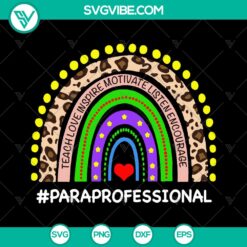 Colorful back to school SVG design with leopard print heart, ideal for paraprofessionals, teachers, and students. Rainbow themed instant download.